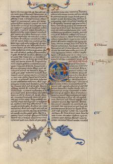 Initial E: Abishag before David on His Deathbed; Abbey Bible, about 1250-1262. Creator: Unknown