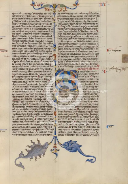 Initial E: Abishag before David on His Deathbed; Abbey Bible, about 1250-1262. Creator: Unknown.