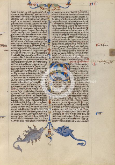 Initial E: Abishag before David on His Deathbed; Abbey Bible, about 1250-1262. Creator: Unknown.
