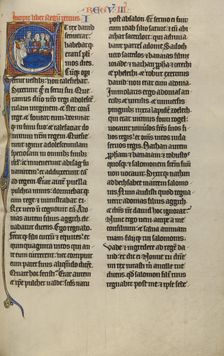 Initial E: Abishag before David on his Deathbed; Marquette Bible, about 1270. Creator: Unknown