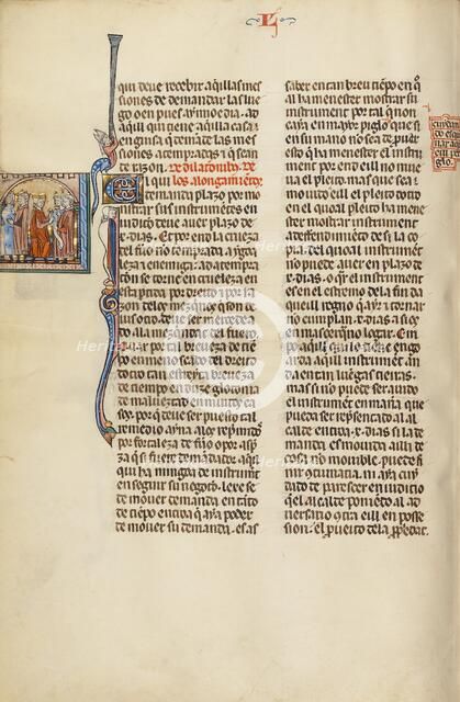 Initial E: An Attorney with Clients before a Judge; Vidal Mayor, about 1290-1310. Creator: Unknown.