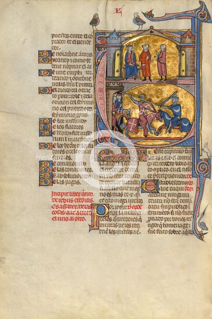 Initial E: An Equestrian Duel Between a Creditor and a Debtor; Vidal Mayor, about 1290-1310. Creators: Unknown, Michael Lupi de Çandiu.