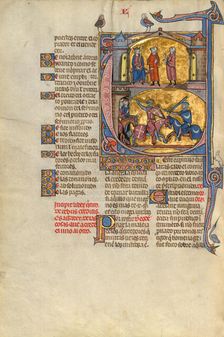 Initial E: An Equestrian Duel Between a Creditor and a Debtor; Vidal Mayor, about 1290-1310. Creators: Unknown, Michael Lupi de Çandiu