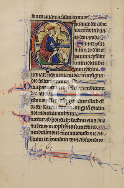 Initial E: David Playing the Bells; Wenceslaus Psalter, about 1250-1260. Creator: Unknown.
