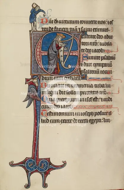 Initial E: David Playing the Harp and a Man Heaving a Rock, text and illumination about 1285. Creator: Bute Master.