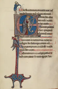 Initial E: David Playing the Harp and a Man Heaving a Rock, text and illumination about 1285. Creator: Bute Master