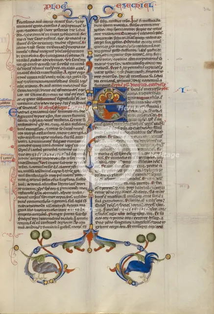 Initial E: Ezekiel Dreaming of the Four Evangelist Symbols; Abbey Bible, about 1250-1262. Creator: Unknown.