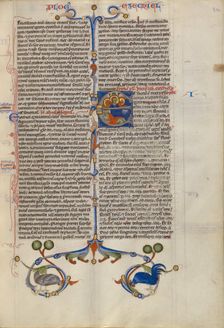 Initial E: Ezekiel Dreaming of the Four Evangelist Symbols; Abbey Bible, about 1250-1262. Creator: Unknown