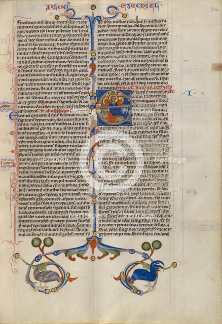 Initial E: Ezekiel Dreaming of the Four Evangelist Symbols; Abbey Bible, about 1250-1262. Creator: Unknown.