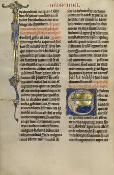 Initial E: Ezekiel's Vision of the Tetramorph; Marquette Bible, about 1270. Creator: Unknown