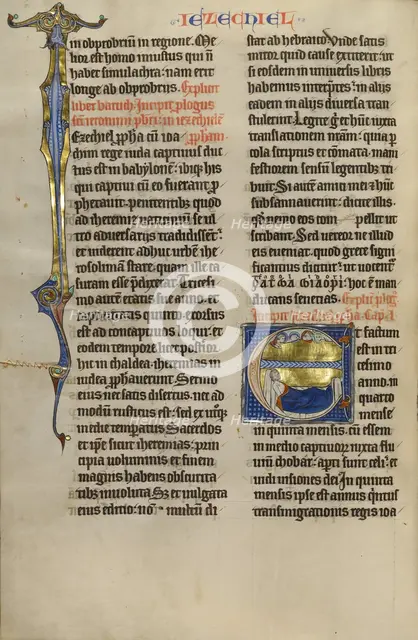Initial E: Ezekiel's Vision of the Tetramorph; Marquette Bible, about 1270. Creator: Unknown.