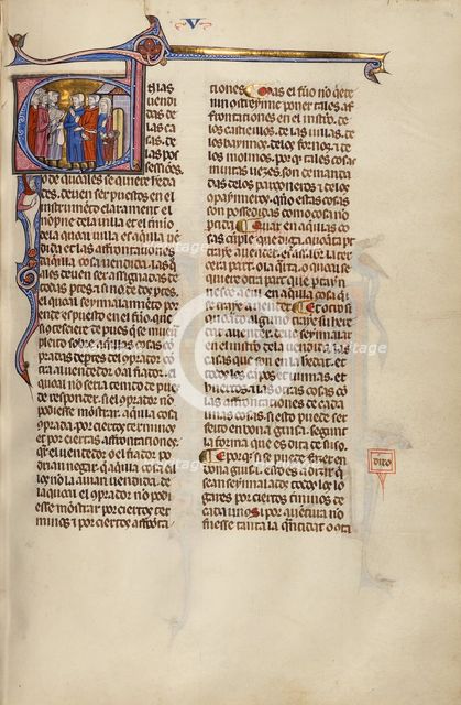 Initial E: Four Men and a Family Transacting the Sale of a House; Vidal Mayor, about 1290-1310. Creator: Unknown.