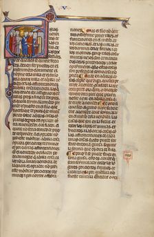 Initial E: Four Men and a Family Transacting the Sale of a House; Vidal Mayor, about 1290-1310. Creator: Unknown