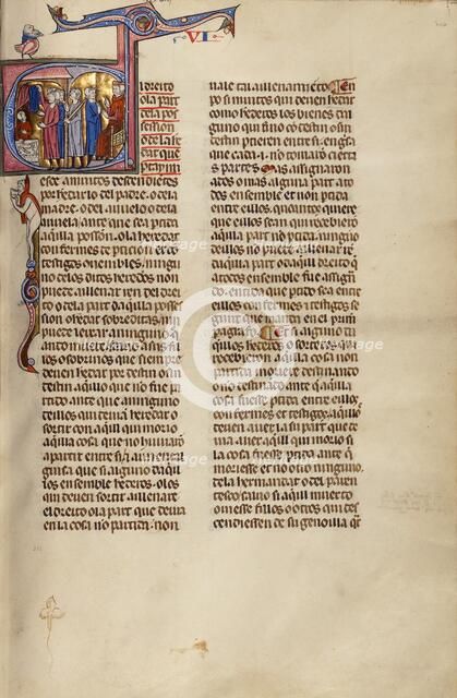 Initial E: Four Men before a Man Sitting at a Table while Another Man Stands ..., about 1290-1310. Creator: Unknown.