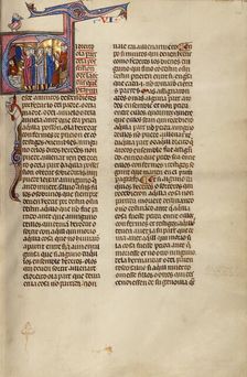 Initial E: Four Men before a Man Sitting at a Table while Another Man Stands ..., about 1290-1310. Creator: Unknown