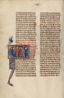 Initial E: Four Men before a King; Vidal Mayor, about 1290-1310. Creator: Unknown
