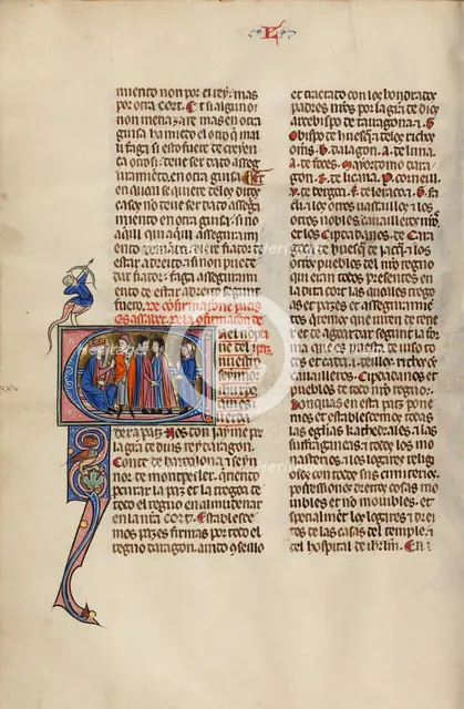 Initial E: Four Men before a King; Vidal Mayor, about 1290-1310. Creator: Unknown.