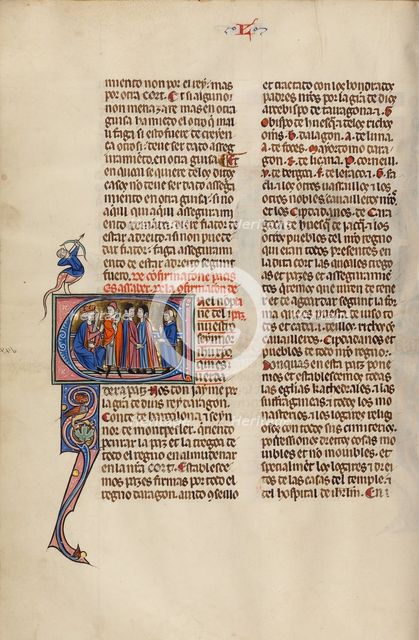 Initial E: Four Men before a King; Vidal Mayor, about 1290-1310. Creator: Unknown.