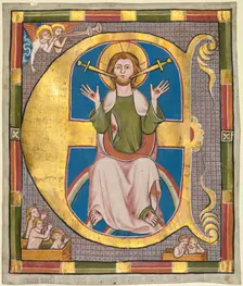Initial E from a Municipal Law Book: The Last Judgment, c. 1330. Creator: Unknown