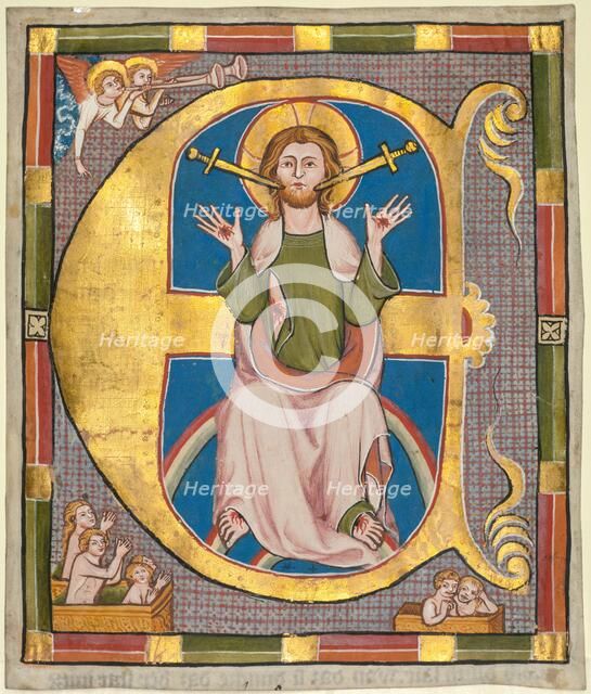 Initial E from a Municipal Law Book: The Last Judgment, c. 1330. Creator: Unknown.