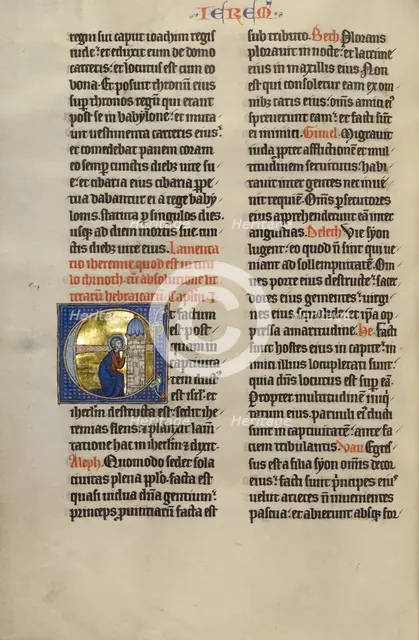 Initial E: Jeremiah Lamenting Jerusalem; Marquette Bible, about 1270. Creator: Unknown.