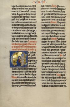 Initial E: Jeremiah Lamenting Jerusalem; Marquette Bible, about 1270. Creator: Unknown