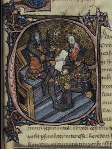 Initial E: King Edward III granting the Black Prince the principality of Aquitaine, c1386-c1399. Creator: Unknown