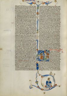 Initial E: Priests and a Man Outside the Walls of a Gothic City; Abbey Bible, about 1250-1262. Creator: Unknown