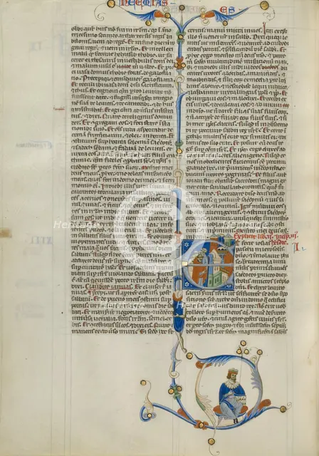 Initial E: Priests and a Man Outside the Walls of a Gothic City; Abbey Bible, about 1250-1262. Creator: Unknown.