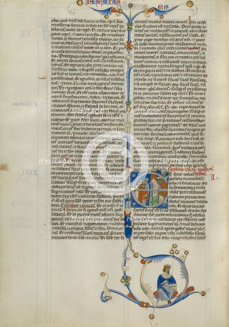 Initial E: Priests and a Man Outside the Walls of a Gothic City; Abbey Bible, about 1250-1262. Creator: Unknown.