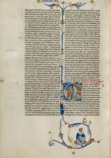 Initial E: Priests and a Man Outside the Walls of a Gothic City; Abbey Bible, about 1250-1262. Creator: Unknown
