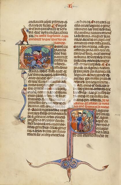 Initial E: Riders on Horseback: Initial S: A Judge and Men with Axes in a Vineyard, about 1290-1310. Creator: Unknown.