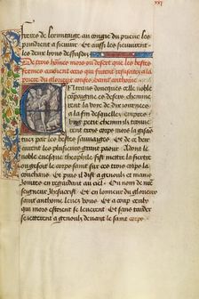 Initial E: Saint Anthony Raising Three Men Killed by Lions, about 1465-1470. Creators: Master of the Brussels Romuléon, Workshop of the Master of the Brussels Romuléon