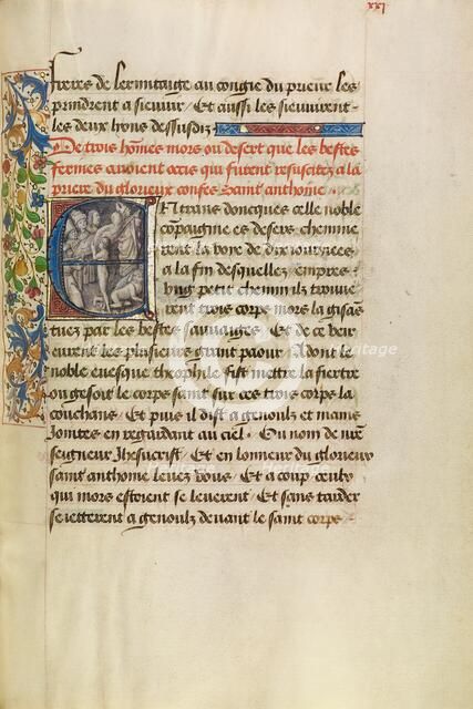 Initial E: Saint Anthony Raising Three Men Killed by Lions, about 1465-1470. Creators: Master of the Brussels Romuléon, Workshop of the Master of the Brussels Romuléon.