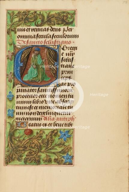 Initial E: Saint Sebastian; Crohin-La Fontaine Hours, (about 1480-1485?). Creators: Master of the Dresden Prayer Book, Workshop of the Master of the Dresden Prayer Book.