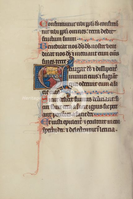 Initial E: Two Kings Lifting the Ark of the Covenant; Bute Psalter, text and illumination about 1285 Creator: Bute Master.