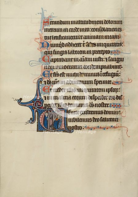 Initial E: Two Kings Lifting the Ark of the Covenant; Bute Psalter, text and illumination about 1285 Creator: Bute Master.