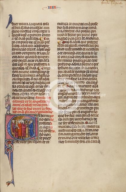 Initial E: Two Men before a Judge and a Third Man Knocking at a Door; Vidal Mayor, about 1290-1310. Creator: Unknown.
