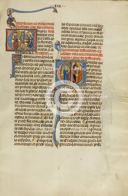 Initial E: Two Soldiers Fighting and a Judge: Initial C: A King Pulling a Man..., about 1290-1310. Creator: Unknown.