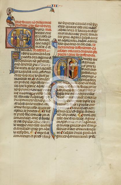 Initial E: Two Soldiers Fighting and a Judge: Initial C: A King Pulling a Man..., about 1290-1310. Creator: Unknown.