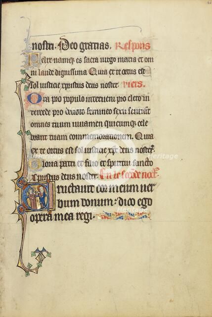 Initial E: The Virgin Mary and an Apostle in Conversation; Ruskin Hours, about 1300. Creator: Unknown.