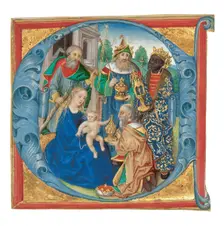 Initial E: The Adoration of the Magi, about 1475-1500. Creator: Unknown