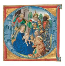 Initial E: The Adoration of the Magi, about 1475-1500. Creator: Unknown
