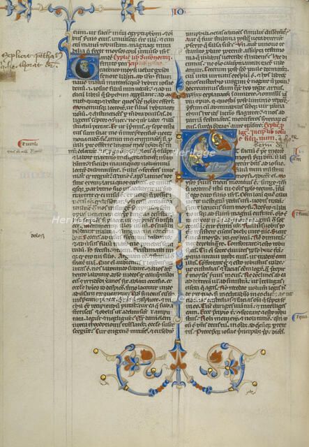 Initial E: The Death of Moses and the Call of Joshua; Abbey Bible, about 1250-1262. Creator: Unknown.