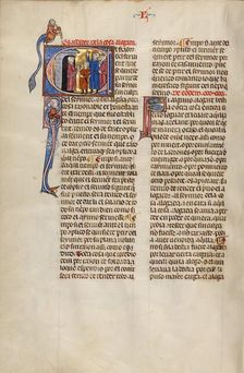 Initial E: Three Men and a Boy Meeting Another Man in his Doorway; Vidal Mayor, about 1290-1310. Creator: Unknown