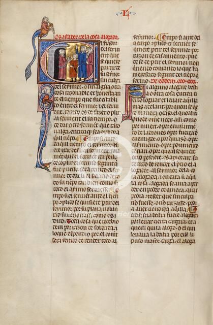 Initial E: Three Men and a Boy Meeting Another Man in his Doorway; Vidal Mayor, about 1290-1310. Creator: Unknown.