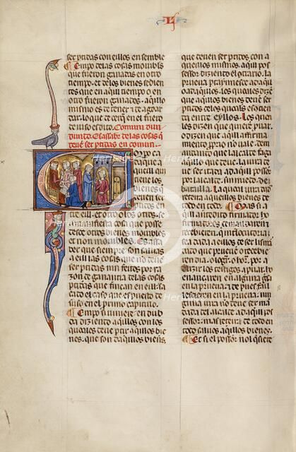 Initial E: Three Men before a Judge and A Man Visiting Another Man at his House, about 1290-1310. Creator: Unknown.