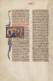 Initial E: Three Men before a Judge and A Man Visiting Another Man at his House, about 1290-1310. Creator: Unknown