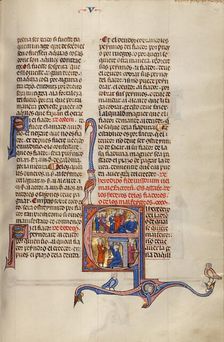 Initial E: Three Men Led before a Judge while a Fourth Man Lies Wounded and..., about 1290-1310. Creator: Unknown