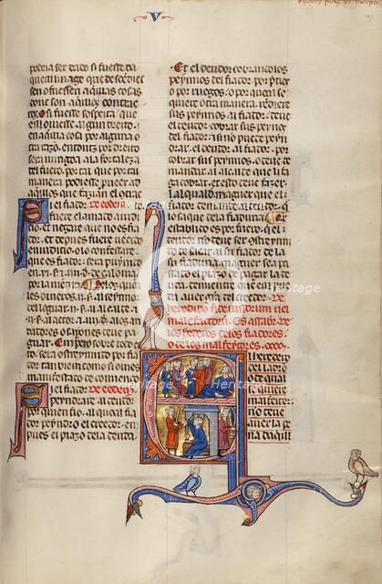 Initial E: Three Men Led before a Judge while a Fourth Man Lies Wounded and..., about 1290-1310. Creator: Unknown.